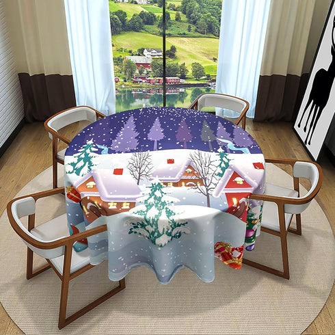 VVA Round Christmas Tablecloth - Winter Snowman Xmas Tree Santa Sleigh Moon Present Snow Stars Holiday Round Tablecloth Blue Tablecloths for Famil...