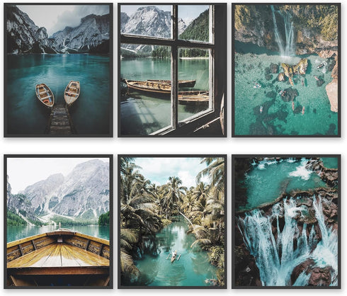 HoozGee Nature Landscape Wall Art Prints Mountain Decor Canvas Wall Decor Posters Lake Boat Pictures Photography Art Posters for Home Living Bedro...