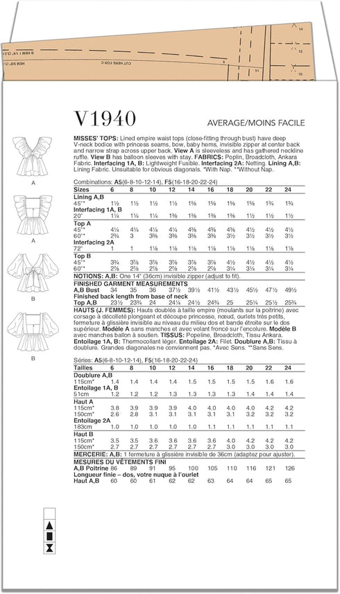 Vogue Misses' Lined Empire Waist Tops Sewing Pattern Packet, Design Code V1940, Sizes 16-18-20-22-24...