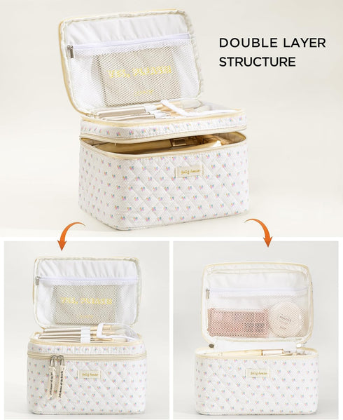 HBselect 2Pcs Double Layer Travel Makeup Bag Women, Cotton Quilted Makeup Bag Coquette Makeup Bag Large Travel Cosmetic Bag Aesthetic Cute Kawaii ...