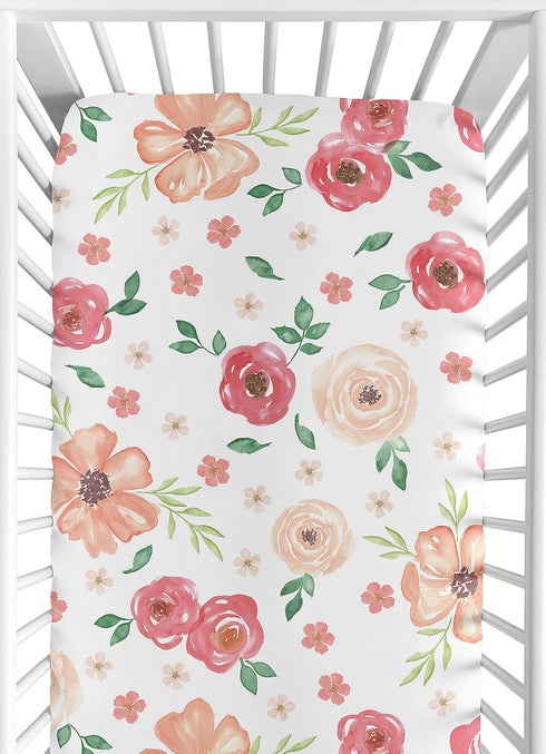 Sweet Jojo Designs Peach and Green Baby or Toddler Fitted Crib Sheet for Watercolor Floral Collection - Pink Rose Flower...