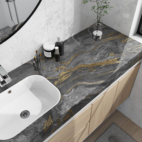 Black Gold Marble Contact Paper Peel and Stick Counterops Waterproof Marble Wallpaper Glossy Countertop Vinyl Wrap Gold Marble Countertop Peel and...