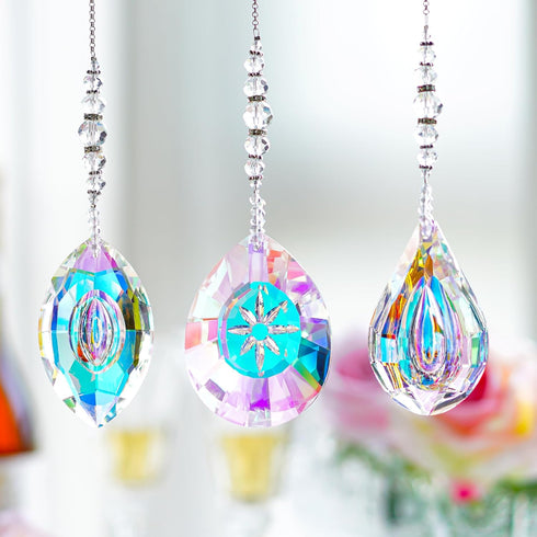 Crystal Suncatchers Hanging Crystals Rainbow 76mm Prisms Pendant with Chakra Beads for Window Indoor Outdoor Decor (Pack of 3)...