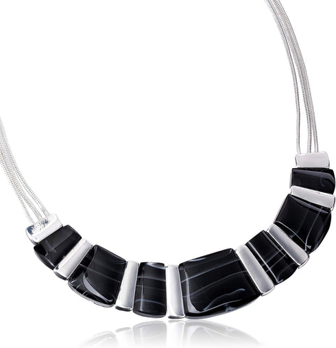 Nine West womens Silver-Tone and Black Agate 16" Frontal Necklace, 16" + 2" Extender...