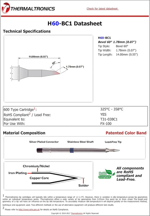 Thermaltronics H60-BC1 Bevel 60deg 1.78mm (0.07in) interchangeable for Hakko T31-03BC1...
