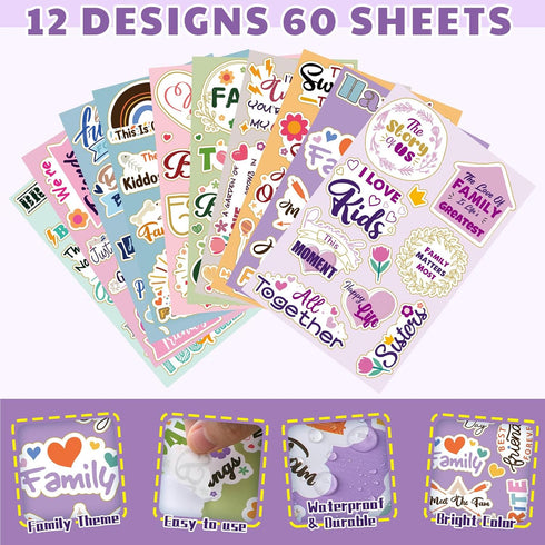 60 Sheets Family Friend Theme Scrapbooking Sticker Decals Waterproof Vinyl Scrapbook Stickers Set Scrapbook Supplies Photo Album Decor for Planner...