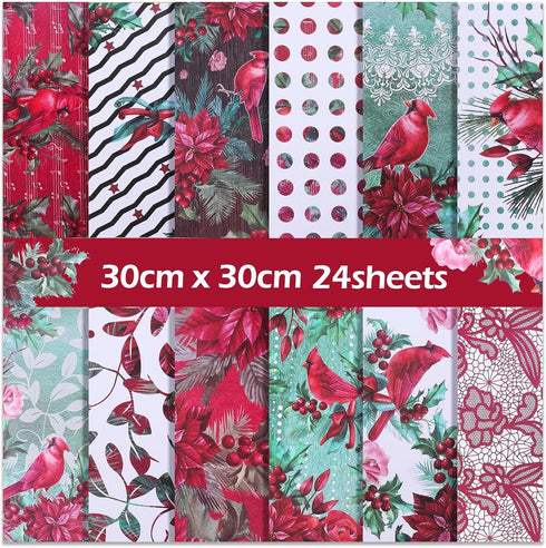 Double-Sided Christmas Scrapbook Paper, 12 Inch Poinsettia Berry Holly Pattern Paper Pad 24 Sheets Red Floral Decorative Craft Paper for Card Maki...