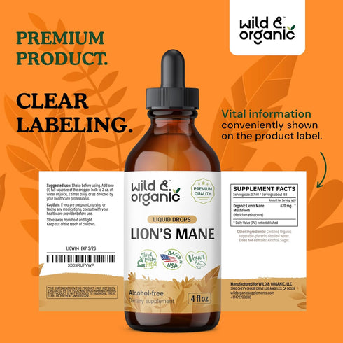 Lions Mane Liquid Extract - Organic Lions Mane Mushroom Supplement - Lion’s Mane Tincture - Vegan, Alcohol Free Drops - 4 fl oz...