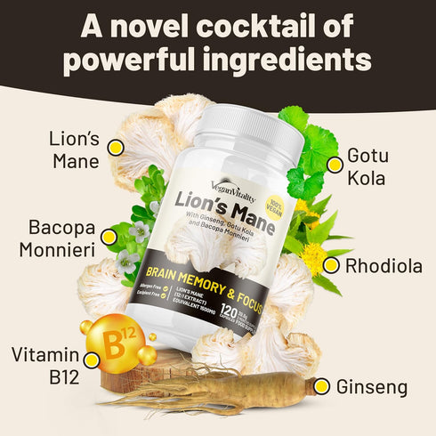 Lions Mane Supplement Capsules - Nootropic Brain Support Supplement, Lions Mane Extract - 120 Vegan Bacopa Monnieri, Gotu Kola, Ginseng Capsules -...