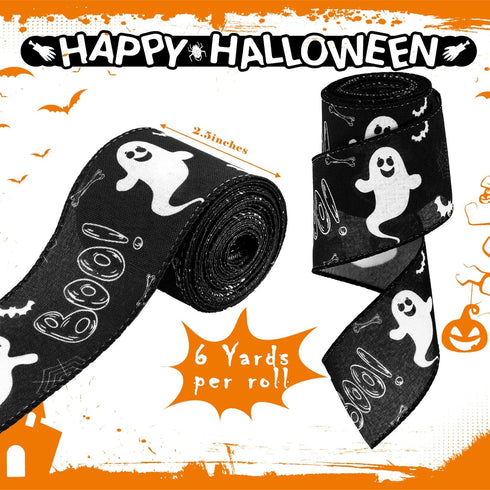 2 Rolls 12 Yards Halloween Wired Ribbons Spiderweb/Ghost Printed Ribbons Decorative Wrapping Ribbons Polyester Craft Ribbons for Halloween Home Pa...