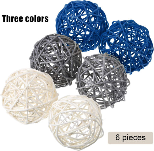 Yaomiao 6 Pieces Wicker Rattan Balls Decorative Orbs Vase Fillers for Craft, Party, Wedding Table Decoration, Aromatherapy Accessories(Blue Gray W...