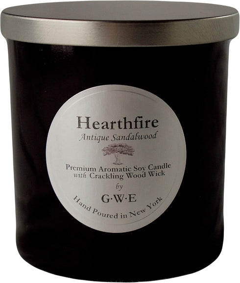 Hearthfire - Sandalwood Scented Soy Candle w/Natural Oils, Wood Wick, Smoky Dark Sweet, Made in The USA in Black Jar - Aromatherapy, Gifts for Hou...
