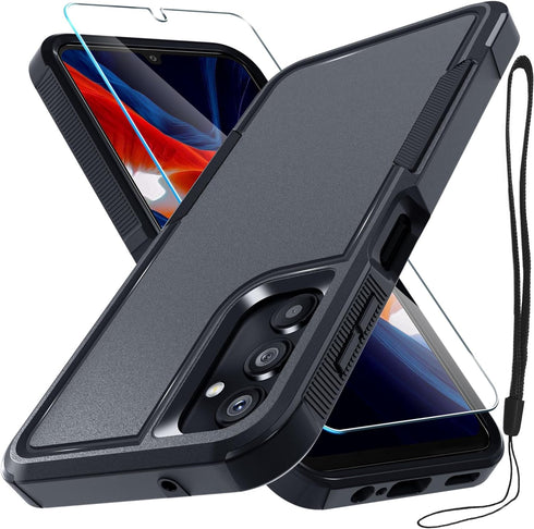 for Samsung Galaxy A25 Case, Full Body Heavy Duty Rugged Shockproof Protective Phone Cover with Lanyard Strap, Tempered Glass Screen Protector, Bl...