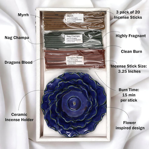 Hosley® 60 Stick Bulk Pack Serenity in Variety Ceramic Assorted Spa Incense Set with Ceramic Flower Holder Relaxing Aromas for Meditation and Tran...