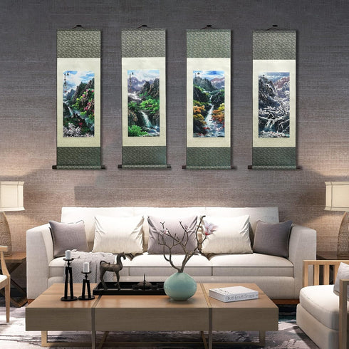 AtfArt Asian Wall Decor Beautiful Silk Scroll Painting Four Seasons Landscape Painting Summer Autumn Winter-Spring Oriental Decor Chinese Art Wall...