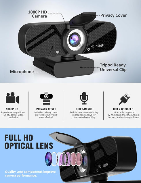 Full HD Webcam with Built-in Microphone and Rotatable Tripod, 1080P Video and Wide Angle Camera, Privacy Cover, for Desktop PC or Laptop Computer...