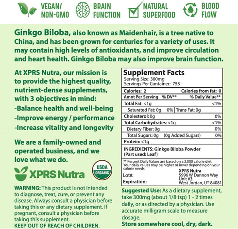 XPRS Nutra Organic Ginkgo Biloba Powder - Gingko Biloba Supplements for Cognition - Vegan Friendly Ginkoba Biloba Organic - Immunity Boosting Gink...