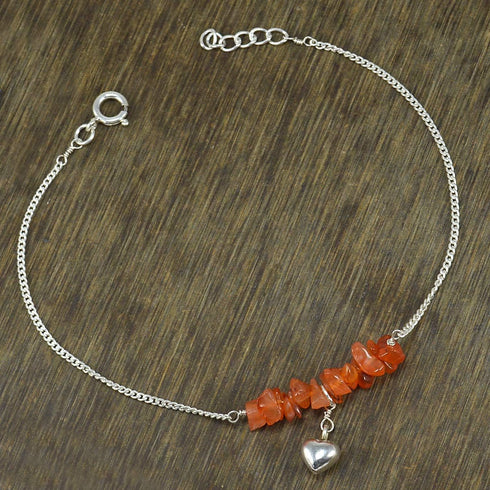 Silvesto India Orange Carnelian Gemstone 925 Sterling Silver Single Piece Anklet...