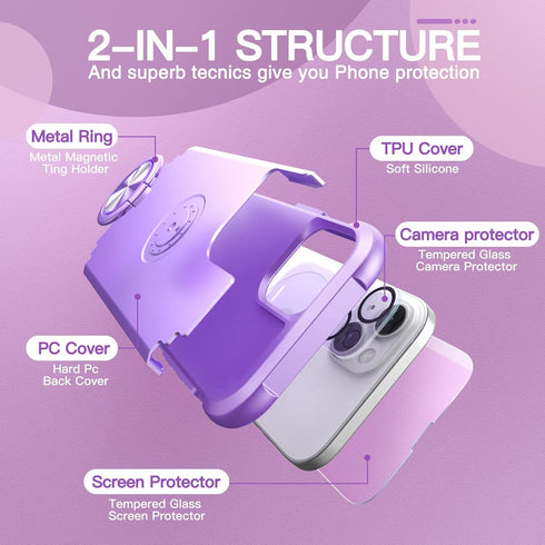 IDweel for iPhone 13 Case with Screen Protector + 360°Ring Holder Stand + Camera Lens Protector,2 in 1 Shockproof Slim Fit Hybrid Heavy Duty Hard ...