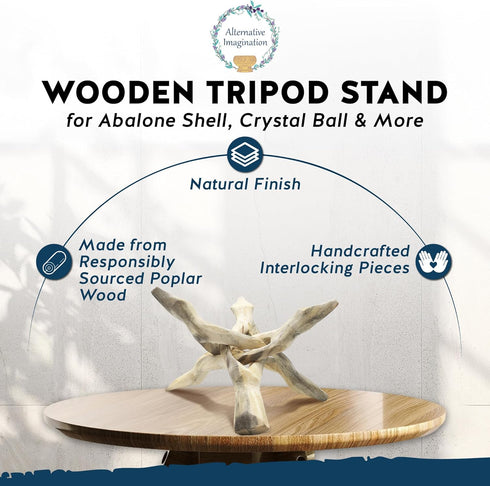 Alternative Imagination Wooden Tripod Display Stand - 6-Inch Hand Carved Holder Made from Mango Wood -Folding Natural Stand for Abalone Shell, Cry...