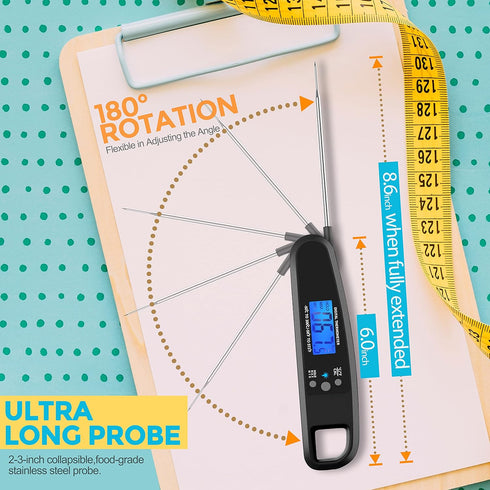 Instant Read Meat Thermometer for Kitchen Cooking, Ultra Fast Precise Waterproof Digital Food Thermometer with Backlight, Magnet and Foldable Prob...