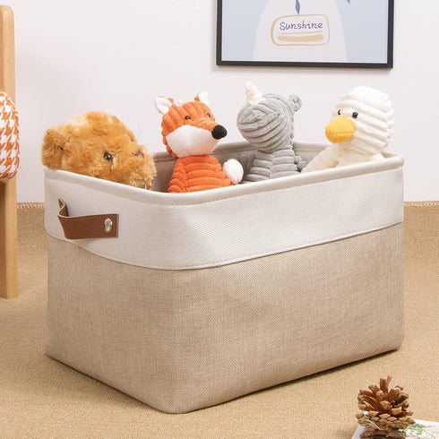 DULLEMELO Collapsible Rectangle Fabric Storage Basket for Organizing Clothes, Toys, Towels, Books, Laundry, Nursery, Dog Toys (White & Khaki)...