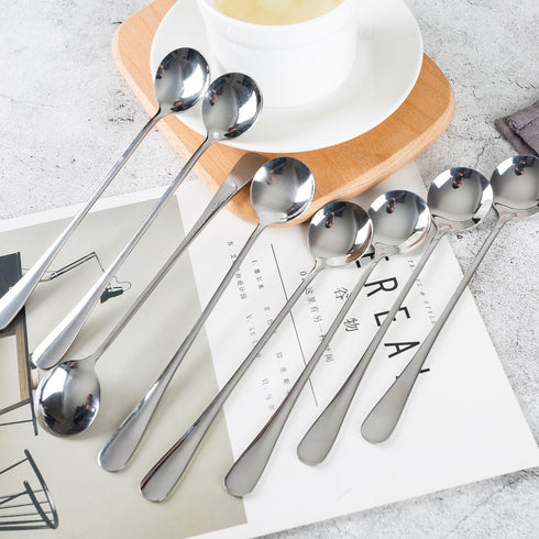 Long-handled ice tea spoon, cocktail stir spoons, stainless steel coffee spoons, ice cream scoop Set of 8 (Silver, Round)...