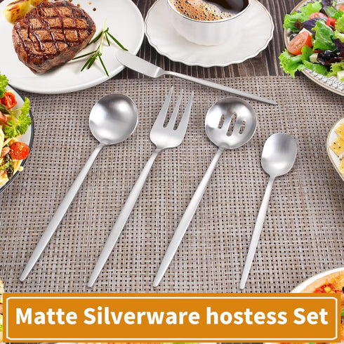 Matte Serving Silverware Set, 5-Piece Round Shared Utensils Set of Stainless Steel, Hostess Flatware Serving Set, Satin Finish, Dishwasher Safe...