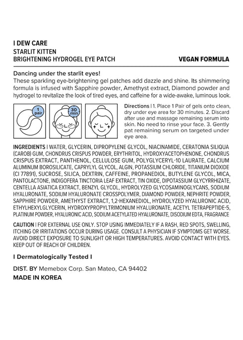 I DEW CARE Hydrogel Eye Patch - Starlit Kitten | Reduce Dark Circles, Fine Line, Pufffy Eyes, Caffein, Hyluronic Acid, Niacinamide, Korean Skin Ca...