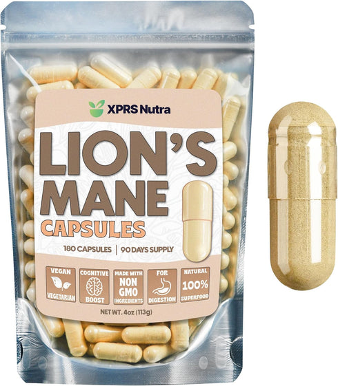 XPRS Nutra Organic Lions Mane Supplement Capsules - 180 Count (90 Day Supply) of Premium Lion's Mane Mushroom Capsules for Mental Clarity, Cogniti...