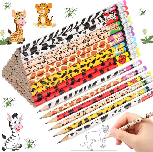 Zhehao 72 Pcs Jungle Theme Pencils Back to School Animal Print Pencils with Eraser Wood Safari Pencils Bulk Jungle Animal Birthday Party Favor Sup...