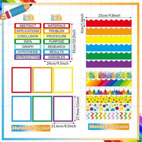 90 Pcs Science Fair Board Supplies 60 Trim Scalloped Bulletin Board Borders 24 Presentation Board Subtitles 6 Science Fair Titles for Classroom Di...