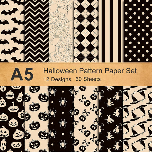 Whaline 12 Designs Halloween Pattern Paper Set A5 Size Beige Black Craft Paper 60 Sheet Spider Pumpkin Bat Witch Plaid Stripe Dot Origami Paper Do...