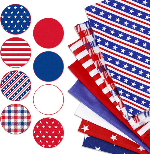 Whaline 8Pcs Patriotic Cotton Fabric Bundles Red Blue White Star Stripe Fat Quarters 4th of July Quilting Patchwork for Independence Day DIY Handm...