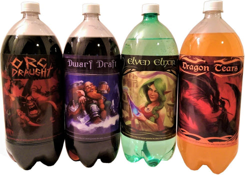 4 Soda Bottle Labels for Fantasy Themed Party. 7" x 6" Sticker Set Features an Orc, Dwarf, Elf, and Dragon....