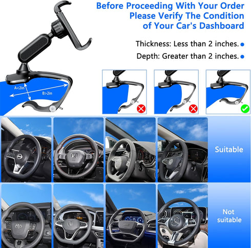 Car Dashboard Phone Clip Holder, 360° Rotating Dash Steering Wheel Cell Phone Clamp Mount Stand Compatible with 4-7 Inch Smartphones (Black)......
