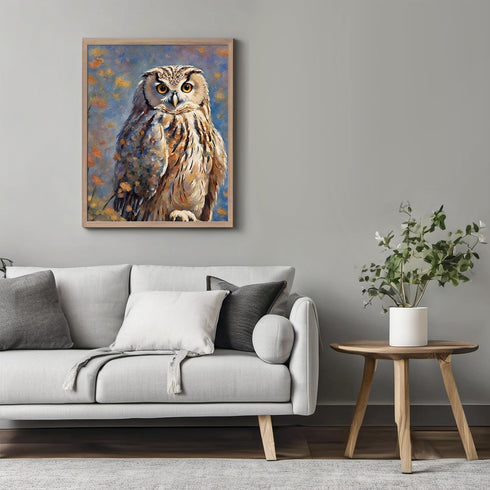 Posterizer 1 pcs- Print of an owl with a background of yellow flowers-Art for Animal Lovers-Floral Botanical Art- Gift for Men Women -Decor for Be...