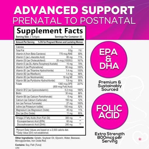 Women's Prenatal Multivitamin with Folic Acid + DHA, Prenatal Vitamin Supplement for Fetal Support w/ Folate, Omega 3, Vitamins D3, B6, B12 & Iron...