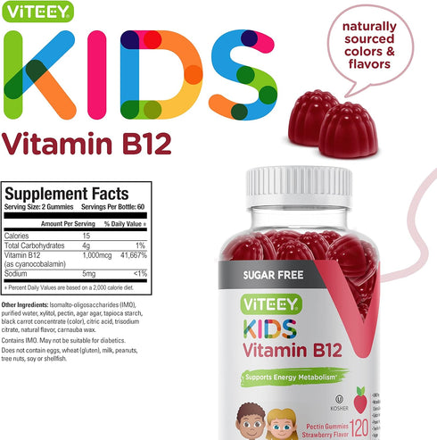 Vitamin B12 for Kids Gummies, 1000mcg - Sugar Free - Metabolism, Natural Energy Support - Vegan, Gelatin Free, Gluten Free, GMO Free - Tasty Chewa...