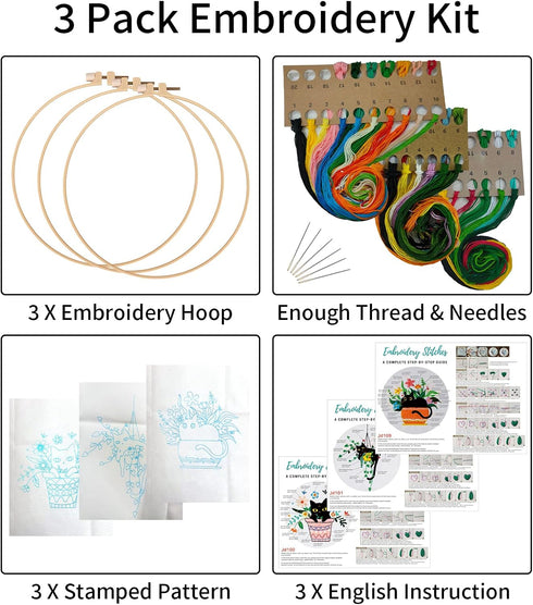 Nuberlic 3 Sets Cute Cat Embroidery Kit for Adults Beginners, Stamped Cross Stitch Starter Kits Include Embroidery Needlepoint Cloth Hoops Needles...