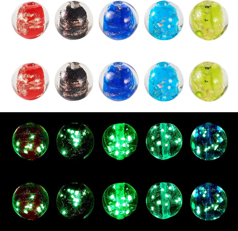 50Pcs Glow in The Dark Lampwork Beads 14.5mm Round Gold Sand Glass Beads Handmade Millefiori Crystal Beads Spacers for Crafts DIY Jewelry Making S...