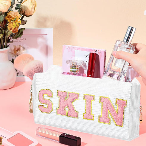 3 Pcs Chenille Letters Preppy Makeup Bag Bulk Set Corduroy Hair Face Skin Cosmetic Pouch Cute Toiletry Travel Organized Bag with Zipper for Women ...