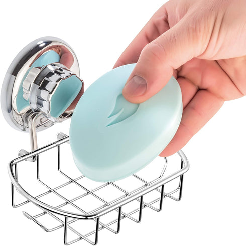 HASKO Suction Soap Dish with Hooks | Powerful Vacuum Suction Cup Soap Holder | Soap Basket Holder for Bathroom & Kitchen (Polished Stainless Steel...