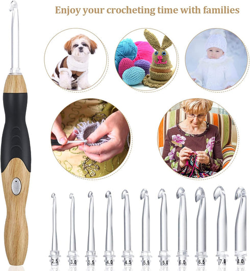 11 Sizes Lighted Crochet Hooks Set Rechargeable Crochet Hook Light Up Hooks with Case, Interchangeable Heads 2.5 mm to 8 mm for DIY Craft Supplies...