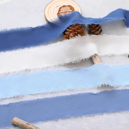 4 Pieces Handmade Fringe Chiffon Silk Ribbon 1.5" x 5.47Yd *4Pcs(Total 21.87Yd) Blue Ribbons Set for Wedding Invitations Bridal Bouquets Gifts Wra...