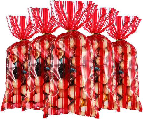 Blulu 100 Pcs Halloween Plastic Carnival Circus Party Treat Bags Red and White Stripe Printed Clear Cellophane Carnival Cooke Candy Goody Treat Ba...