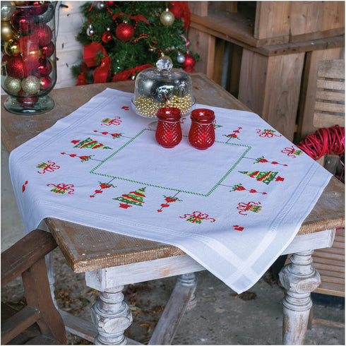 Vervaco Cross Stitch Kits for Adults, Tablecloth, Embroidery with Template, 100% cotton Embroidery Thread, 31.50 x 31.50 Inches, Christmas Trees.....