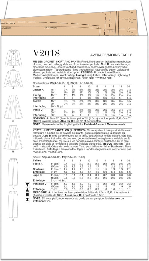 Vogue Misses' Fitted Lined Peplum Jacket, Skirt and Tapered Pants Sewing Pattern Packet, Design Code V2018, Sizes 12-14-16-18-20, Multicolor...