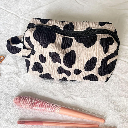 Cow Print Makeup Bag Corduroy Cosmetic Bag Cute Travel Pouch Bags White and Black Checkered Mini Makeup Purse Pouch Makeup Brushes Organizer Bag f...