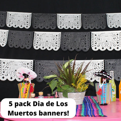 Dia de Los Muertos Decorations, Day of The Dead Banner, Black Mexican Banner 5 Pack|Tissue Paper|White and Black Skulls...